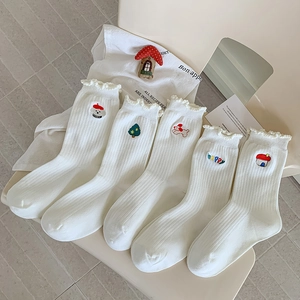 Women Mid Calf Socks Cotton Blend Cartoon Embroidery Ruffle Trim Ribbed Knit Japanese Style Kawaii Crew Socks