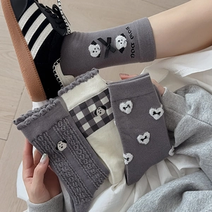 Women Crew Socks Cotton Blend Cute Cartoon Dog Embroidery Bow Knot Ruffle Edge Lettuce Trim Soft Breathable