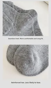 Detail of grey knitted crew socks showing reinforced toe seams and seamless heel craft