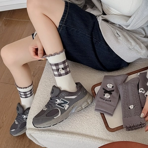 Cute grey cotton socks featuring cartoon dogs, bows, and ruffled edges in various patterns
