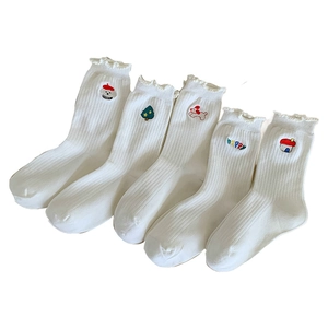 Set of 5 pairs of white cotton socks with cute cartoon embroidery and ruffled edges