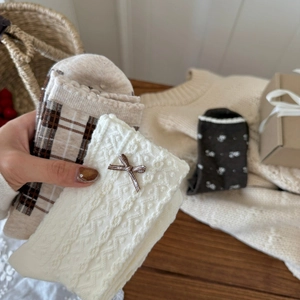 Vintage brown plaid and floral crew socks with bows for women in autumn and winter
