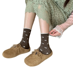 Brown floral crew socks with vintage plaid pattern and retro cotton design for women