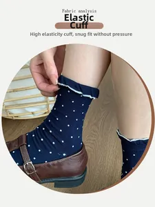 Detail of high-elasticity ruffled cuffs on navy blue polka dot ballet style socks