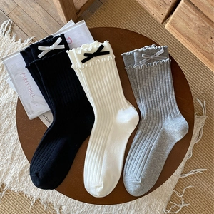 Women Crew Socks Ribbed Cotton Blend With Ruffle Trim And Velvet Ribbon Bow Sweet Japanese Style Breathable