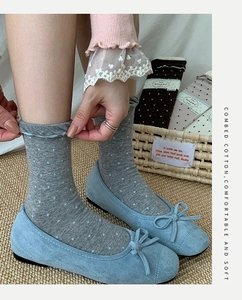 Detail of grey polka dot combed cotton socks paired with blue ballet flats on a straw mat