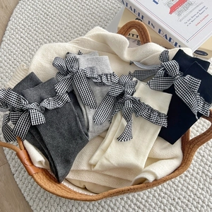Chaussettes Mi Mollet Pour Femmes Mélange De Coton Nœud Gingham Bordure À Volants Style Lolita Tricot Côtelé