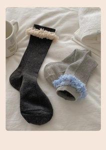 Close-up of knit crew socks with fuzzy lace trim and vertical ribbed texture detail