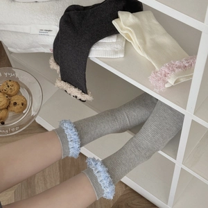 Women Sweet Balletcore Crew Socks Ribbed Cotton Blend With Faux Fur Trim Slouchy Warm Winter Autumn Fashion
