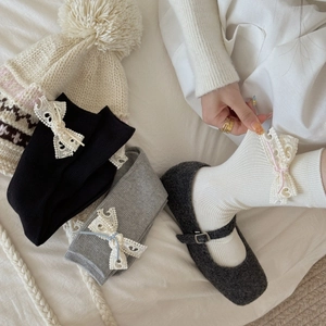 Calze Al Polpaccio In Cotone Da Donna Costine Pizzo Fiocco Cuore Cavo Stile Lolita Dolce Ragazze Tinta Unita Traspirante