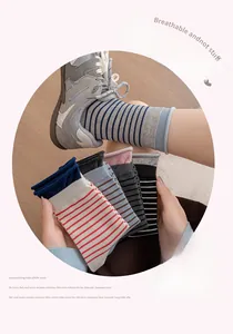 Detail of striped cotton crew socks for women featuring ribbed cuffs in multiple colors