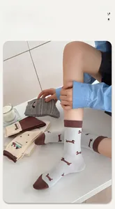 Detail der Dackel-Stickerei auf weichen Baumwollsocken mit nahtloser Zehenpartie