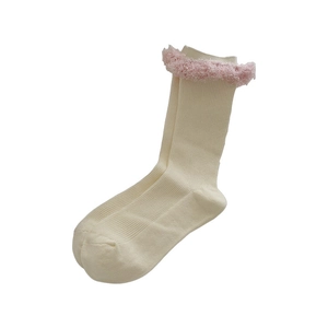 Sweet ballet style cream ribbed mid-tube socks with pink plush lace trim for women