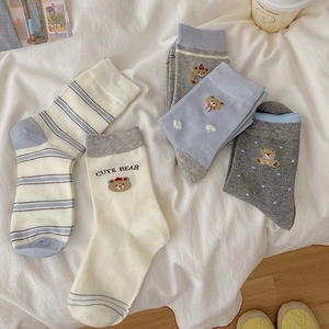 Calzini Metà Polpaccio Donna Cotone Carino Orso Cartone Animato Ricamo Righe Pois Stile Preppy Giapponese Ins Moda Casual