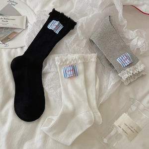 Women Mid-Calf Fashion Socks Cotton Ribbed Knit Lace Trim Cloth Label Patch Ballet Style Sweet Korean Breathable