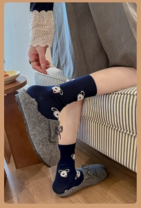 Calze blu navy con ricamo a forma di cucciolo e pantofole in feltro grigio