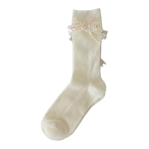 Calze a metà polpaccio in pizzo con fiocco, design a cuore traforato, stile Lolita in cotone