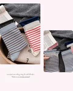 Detail view showing textured cotton knit fabric and ribbed cuffs of striped crew socks