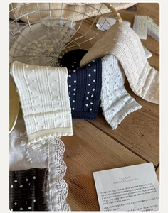 Close-up of four colors of polka dot knit cotton socks with scalloped edges in a wire basket