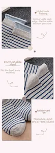 Detailed views of gray striped socks featuring elastic cuffs, heel and toe reinforcement