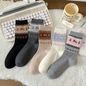 Five-pack Fair Isle knit crew socks featuring vintage cartoon puppy and tree patterns
