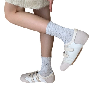 Sweet Mary Jane style sneakers with double straps and grey 3D polka dot socks