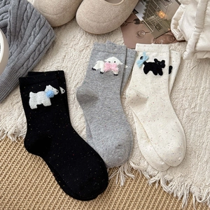 Calze Metà Polpaccio Donna Misto Cotone Filato Pois Colorati Animale Floccato Cucciolo Agnello Fiocco Peluche Stile Coreano