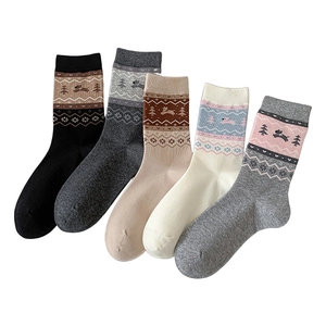 Five-pack of Fair Isle crew socks for women featuring dog patterns and geometric knits