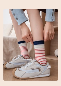 Detailed shot of striped socks paired with vintage sneakers for a casual Japanese aesthetic
