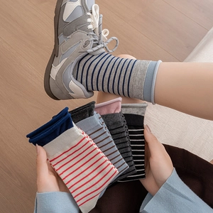Women Striped Crew Socks Cotton Blend Rolled Edge Color Block Casual Korean Style Breathable Soft Fashionable Daily Wear
