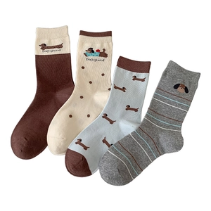 Süße Dackel Cartoon Socken aus Baumwolle in Braun Beige Blau und Grau 4er Pack