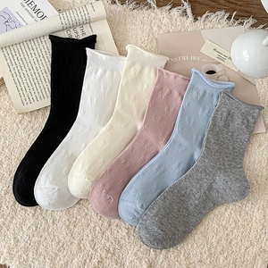 Crew Socks Women Mid-Calf With 3D Bow Relief Jacquard Ribbed Rolled Edge Combed Cotton Ballet Style Versatile Soft
