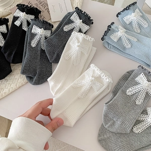 Women Cotton Blend Crew Socks With Lace Bow And Faux Artificial Pearl Ruffle Edge Ribbed Sweet Japanese Style