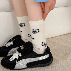 Cute off-white crew socks with cartoon sheep and heart patterns in Japanese style