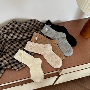 Chaussettes Mi-hautes En Coton Peigné Pour Femmes Style Rétro Japonais Tricot Torsadé Nœud Perlé