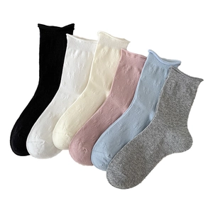 6 pairs of ballet style ribbed crew socks with rolled cuffs in assorted solid colors