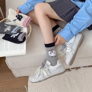 Japanese style crew socks with cartoon sheep embroidery and contrast color cuffs