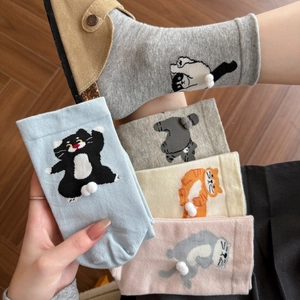 Funny Cartoon Cat Crew Socks Cotton Blend Breathable Mid Calf Hosiery With 3D Pom Pom Tail Detail For Women And Girls