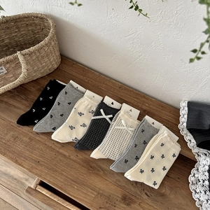 Women Combed Cotton Crew Socks Japanese Mori Girl Style With Bowknot Lace Trim Polka Dot Cute Kawaii Mid Calf Hosiery