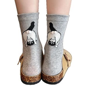Cute grey crew socks featuring 3D white pom-pom cat tail and cartoon cat pattern