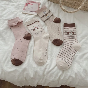 Women Mid Calf Socks Cotton Blend Cute Cartoon Puppy Pattern Polka Dot Striped Japanese Style Breathable Casual