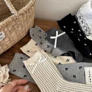 Japanese style bow crew socks in grey and beige with floral lace and dot patterns