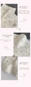 Detailed view of elastic cuffs and reinforced heel on cream socks with brown polka dots