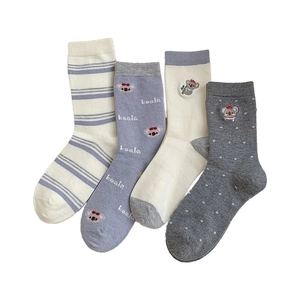 Set of four cute koala wool blend socks for women in soft grey, purple, and cream tones