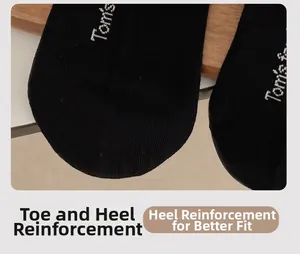 Detail of reinforced heel and toe on black knit crew socks for durability and comfort