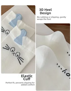 Close-up of white kitten socks showing elastic cuffs and 3D blue ear details
