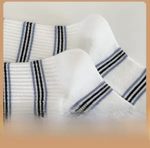 Close-up of striped cotton socks featuring a reinforced heel and ribbed elastic texture