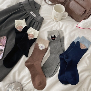 Women Crew Socks Combed Cotton Blend Animal Embroidery Contrast Color Cuff Casual Kawaii Korean Style Soft Breathable