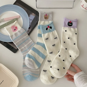 Set of 4 cute cartoon animal mid-calf socks with stripes, polka dots and bow designs