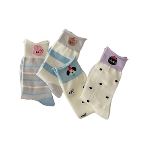 Japanese style crew socks with cute animal embroidery, stripes and bow patterns for women
